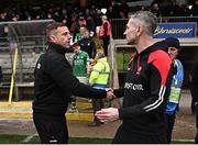 15 April 2023; Fermanagh manager Kieran Donnelly, left, shakes hands with Derry manager Rory Gallagher after the Ulster GAA Football Senior Championship Quarter-Final match between Fermanagh and Derry at Brewster Park in Enniskillen, Fermanagh. Photo by Ramsey Cardy/Sportsfile