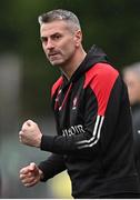 15 April 2023; Derry manager Rory Gallagher celebrates a point during the Ulster GAA Football Senior Championship Quarter-Final match between Fermanagh and Derry at Brewster Park in Enniskillen, Fermanagh. Photo by Ramsey Cardy/Sportsfile