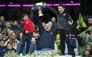15 April 2023; Kerry joint manager Declan Quill and his sons Mattie, left, and Adam celebrate with the cup after the Lidl Ladies Football National League Division 1 Final match between Kerry and Galway at Croke Park in Dublin. Photo by Brendan Moran/Sportsfile