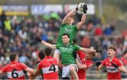 15 April 2023; Darragh McGurn of Fermanagh catches a kickout during the Ulster GAA Football Senior Championship Quarter-Final match between Fermanagh and Derry at Brewster Park in Enniskillen, Fermanagh. Photo by Ramsey Cardy/Sportsfile