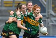 15 April 2023; Kerry players, from left, Amy Harrington, Louise Galvin, Síofra O'Shea and Louise Ní Mhuircheartaigh celebrate at the final whistle of the Lidl Ladies Football National League Division 1 Final match between Kerry and Galway at Croke Park in Dublin. Photo by Brendan Moran/Sportsfile