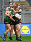15 April 2023; Kerry players, from left, Louise Galvin, Síofra O'Shea, Amy Harrington and Louise Ní Mhuircheartaigh celebrate at the final whistle of the Lidl Ladies Football National League Division 1 Final match between Kerry and Galway at Croke Park in Dublin. Photo by Brendan Moran/Sportsfile