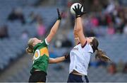 15 April 2023; Galway goalkeeper Alanah Griffin catches the ball ahead of Caoimhe Evans of Kerry during the Lidl Ladies Football National League Division 1 Final match between Kerry and Galway at Croke Park in Dublin. Photo by Brendan Moran/Sportsfile