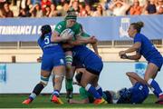 15 April 2023;  Sam Monaghan of Ireland is tackled by i5nduring the Tik Tok Womens Six Nations Rugby Championship match between Italy and Ireland at Stadio Sergio Lanfranchi in Parma, Italy. Photo by Roberto Bregani/Sportsfile