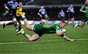 15 April 2023; Diarmuid Kilgallen of Connacht dives over to score his side's first try during the United Rugby Championship match between Connacht and Cardiff at Sportsground in Galway. Photo by Tyler Miller/Sportsfile