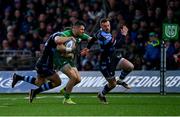 15 April 2023; Tiernan O'Halloran of Connacht is tackled by Max Llewellyn of Cardiff during the United Rugby Championship match between Connacht and Cardiff at Sportsground in Galway. Photo by Tyler Miller/Sportsfile