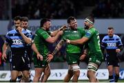 15 April 2023; Conor Oliver of Connacht, centre, celebrates with teammates Dylan Tierney-Martin, left, and Shamus Hurley-Langton after scoring his side's third try during the United Rugby Championship match between Connacht and Cardiff at Sportsground in Galway. Photo by Tyler Miller/Sportsfile