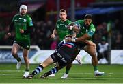 15 April 2023; Bundee Aki of Connacht is tackled by Max Llewellyn of Cardiff during the United Rugby Championship match between Connacht and Cardiff at Sportsground in Galway. Photo by Tyler Miller/Sportsfile