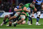 15 April 2023; Shamus Hurley-Langton of Connacht is tackled by Thomas Young of Cardiff during the United Rugby Championship match between Connacht and Cardiff at Sportsground in Galway. Photo by Tyler Miller/Sportsfile