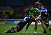 15 April 2023; Bundee Aki of Connacht is tackled by Max Llewellyn, left, and Liam Belcher of Cardiff during the United Rugby Championship match between Connacht and Cardiff at Sportsground in Galway. Photo by Tyler Miller/Sportsfile