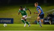 14 April 2023; Tunde Owolabi of Cork City in action against Jack Keaney of UCD during the SSE Airtricity Men's Premier Division match between UCD and Cork City at UCD Bowl in Dublin. Photo by Stephen Marken/Sportsfile