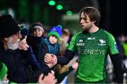 15 April 2023; Mack Hansen of Connacht with supporters after the United Rugby Championship match between Connacht and Cardiff at Sportsground in Galway. Photo by Ben McShane/Sportsfile
