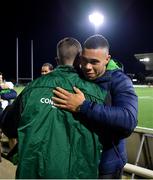 15 April 2023; Connacht captain Jack Carty, left, presents Adam Byrne a jersey having played his last game for the club after the United Rugby Championship match between Connacht and Cardiff at Sportsground in Galway. Photo by Tyler Miller/Sportsfile
