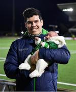 15 April 2023; Alex Wootton of Connacht and his son Oscar Alexander Wootton, aged 3 weeks, after the United Rugby Championship match between Connacht and Cardiff at Sportsground in Galway. Photo by Tyler Miller/Sportsfile