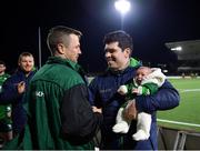 15 April 2023; Connacht captain Jack Carty, left, presents Alex Wootton a jersey having played his last game for the club after the United Rugby Championship match between Connacht and Cardiff at Sportsground in Galway. Photo by Tyler Miller/Sportsfile