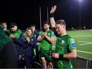15 April 2023; Kieran Marmion of Connacht is presented a jersey from Connacht captain Jack Carty having played his final game for the club after the United Rugby Championship match between Connacht and Cardiff at Sportsground in Galway. Photo by Tyler Miller/Sportsfile