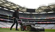 16 April 2023; A groundsman cleans the artificial grass surrounding the pitch before the Very Camogie League Final Division 1A match between Kerry and Meath at Croke Park in Dublin. Photo by Eóin Noonan/Sportsfile