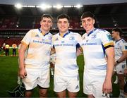 15 April 2023; Leinster players, from left, James Culhane, Ben Brownlee and Charlie Tector after their side's victory in the United Rugby Championship match between Emirates Lions and Leinster at Emirates Airlines Park in Johannesburg, South Africa. Photo by Harry Murphy/Sportsfile