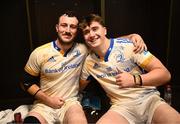 15 April 2023; Will Connors and Brian Deeny of Leinster after their side's victory in the United Rugby Championship match between Emirates Lions and Leinster at Emirates Airlines Park in Johannesburg, South Africa. Photo by Harry Murphy/Sportsfile