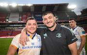 15 April 2023; Tadgh McElroy and Vakhtang Abdaladze of Leinster after their side's victory in the United Rugby Championship match between Emirates Lions and Leinster at Emirates Airlines Park in Johannesburg, South Africa. Photo by Harry Murphy/Sportsfile