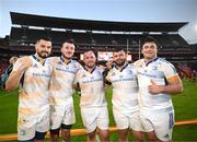 15 April 2023; Leinster players, from left, Max Deegan, Will Connors, Ed Byrne, Michael Milne and Thomas Clarkson after their side's victory in the United Rugby Championship match between Emirates Lions and Leinster at Emirates Airlines Park in Johannesburg, South Africa. Photo by Harry Murphy/Sportsfile