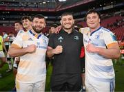 15 April 2023; Leinster players, from left, Michael Milne, Vakhtang Abdaladze and Thomas Clarkson after their side's victory in the United Rugby Championship match between Emirates Lions and Leinster at Emirates Airlines Park in Johannesburg, South Africa. Photo by Harry Murphy/Sportsfile