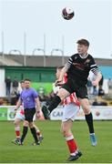 15 April 2023; Brian O'Sullivan-Connell of College Corinthians in action against Josh Bishop of St Joseph’s during the FAI Youth Cup Final match between St Joseph’s AFC, Dublin, and College Corinthians AFC, Cork, at the Carlisle Grounds in Bray, Wicklow. Photo by Seb Daly/Sportsfile