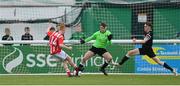 15 April 2023; College Corinthians goalkeeper Eoin O'Flynn makes a save following a shot from Reece Kavanagh of St Joseph’s during the FAI Youth Cup Final match between St Joseph’s AFC, Dublin, and College Corinthians AFC, Cork, at the Carlisle Grounds in Bray, Wicklow. Photo by Seb Daly/Sportsfile