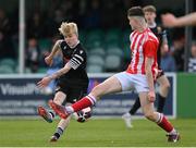 15 April 2023; Rian O’Riordan of College Corinthians in action against Tadhg Kane of St Joseph’s during the FAI Youth Cup Final match between St Joseph’s AFC, Dublin, and College Corinthians AFC, Cork, at the Carlisle Grounds in Bray, Wicklow. Photo by Seb Daly/Sportsfile
