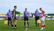 15 April 2023; Referee Alan Franklin, assistants Niall Whelan and Derek Campion with team captains Luke O'Donnell of College Corinthians and Scott Higgins of St Joseph’s before the FAI Youth Cup Final match between St Joseph’s AFC, Dublin, and College Corinthians AFC, Cork, at the Carlisle Grounds in Bray, Wicklow. Photo by Seb Daly/Sportsfile