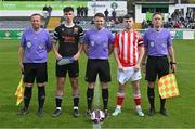 15 April 2023; Referee Alan Franklin, assistants Niall Whelan and Derek Campion with team captains Luke O'Donnell of College Corinthians and Scott Higgins of St Joseph’s before the FAI Youth Cup Final match between St Joseph’s AFC, Dublin, and College Corinthians AFC, Cork, at the Carlisle Grounds in Bray, Wicklow. Photo by Seb Daly/Sportsfile