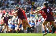 16 April 2023; Aine Keane of Galway in action against Laura Hayes of Cork during the Very Camogie League Final Division 1A match between Kerry and Meath at Croke Park in Dublin. Photo by Eóin Noonan/Sportsfile