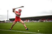 16 April 2023; John Mullan of Derry takes a sideline cut during the Christy Ring Cup Round One match between Tyrone and Derry at O'Neill's Healy Park in Omagh, Tyrone. Photo by Ramsey Cardy/Sportsfile
