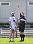 16 April 2023; Mark Delaney of Kildare is shown a red card by referee Michael Kennedy during the Joe McDonagh Cup Round 2 match between Kildare and Offaly at Manguard Plus Kildare GAA Centre in Hawkfield, Kildare. Photo by Stephen Marken/Sportsfile