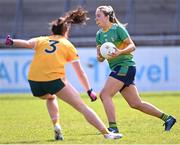 16 April 2023; Megan McGovern of Leitrim in action against Emma Ferran of Antrim during the 2023 Lidl Ladies National Football League Division 4 Final match between Antrim and Leitrim at Parnell Park in Dublin. Photo by Piaras Ó Mídheach/Sportsfile