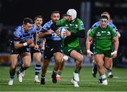 15 April 2023; Mack Hansen of Connacht in action against Jason Harries of Cardiff during the United Rugby Championship match between Connacht and Cardiff at Sportsground in Galway. Photo by Tyler Miller/Sportsfile