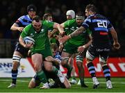 15 April 2023; Peter Dooley of Connacht is tackled by Kristian Dacey of Cardiff during the United Rugby Championship match between Connacht and Cardiff at Sportsground in Galway. Photo by Tyler Miller/Sportsfile