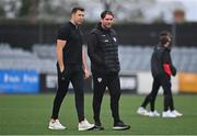 16 April 2023; Dundalk head of football operations Brian Gartland, left, and Derry City head coach Ruaidhrí Higgins before the SSE Airtricity Men's Premier Division match between Dundalk and Derry City at Oriel Park in Dundalk, Louth. Photo by Ben McShane/Sportsfile