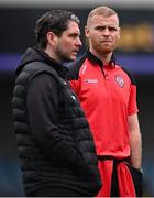 16 April 2023; Mark Connolly of Derry City, right, and Derry City head coach Ruaidhrí Higgins before the SSE Airtricity Men's Premier Division match between Dundalk and Derry City at Oriel Park in Dundalk, Louth. Photo by Ben McShane/Sportsfile