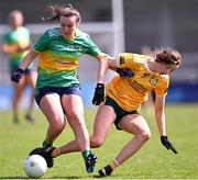 16 April 2023; Ailbhe Clancy of Leitrim in action against Sarah O'Neill of Antrim during the 2023 Lidl Ladies National Football League Division 4 Final match between Antrim and Leitrim at Parnell Park in Dublin. Photo by Piaras Ó Mídheach/Sportsfile