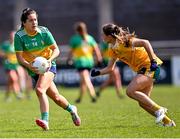 16 April 2023; Leah Fox of Leitrim in action against Duana Coleman of Antrim during the 2023 Lidl Ladies National Football League Division 4 Final match between Antrim and Leitrim at Parnell Park in Dublin. Photo by Piaras Ó Mídheach/Sportsfile