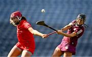 16 April 2023; Galway goalkeeper Fiona Ryan in action against Sorcha McCartan of Cork during the Very Camogie League Final Division 1A match between Kerry and Meath at Croke Park in Dublin. Photo by Eóin Noonan/Sportsfile