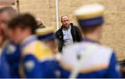 16 April 2023; Monaghan manager Vinny Corey is watched by the Mayobridge band on his arrival before the Ulster GAA Football Senior Championship Quarter-Final match between Tyrone and Monaghan at O'Neill's Healy Park in Omagh, Tyrone. Photo by Ramsey Cardy/Sportsfile