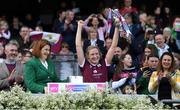 16 April 2023; Galway captain Shauna Healy lifts the cup after the Very Camogie League Final Division 1A match between Kerry and Meath at Croke Park in Dublin. Photo by Eóin Noonan/Sportsfile