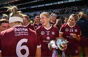 16 April 2023; Galway captain Shauna Healy with the cup after her side's victory in the Very Camogie League Final Division 1A match between Kerry and Meath at Croke Park in Dublin. Photo by Eóin Noonan/Sportsfile