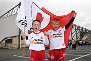 16 April 2023; Tyrone supporters Bradley Donaldson, aged 6, from Killyclogher, Tyrone, left, and Jack Gillespie, aged 7, from Eglish, Tyrone, before the Ulster GAA Football Senior Championship Quarter-Final match between Tyrone and Monaghan at O'Neill's Healy Park in Omagh, Tyrone. Photo by Sam Barnes/Sportsfile