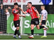 16 April 2023; Ben Doherty of Derry City, right, celebrates with teammate Adam O'Reilly after scoring their side's first goal during the SSE Airtricity Men's Premier Division match between Dundalk and Derry City at Oriel Park in Dundalk, Louth. Photo by Ben McShane/Sportsfile