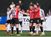 16 April 2023; Ben Doherty of Derry City, centre, celebrates with teammates Cameron McJannet, left, and Ryan Graydon after scoring their side's first goal during the SSE Airtricity Men's Premier Division match between Dundalk and Derry City at Oriel Park in Dundalk, Louth. Photo by Ben McShane/Sportsfile