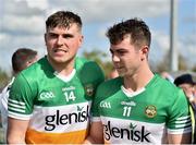 16 April 2023; Brian Duignan, left and Jack Clancy of Offaly react after the Joe McDonagh Cup Round 2 match between Kildare and Offaly at Manguard Plus Kildare GAA Centre in Hawkfield, Kildare. Photo by Stephen Marken/Sportsfile