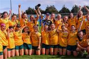 16 April 2023; Antrim celebrate after their side's victory in the 2023 Lidl Ladies National Football League Division 4 Final match between Antrim and Leitrim at Parnell Park in Dublin. Photo by Piaras Ó Mídheach/Sportsfile